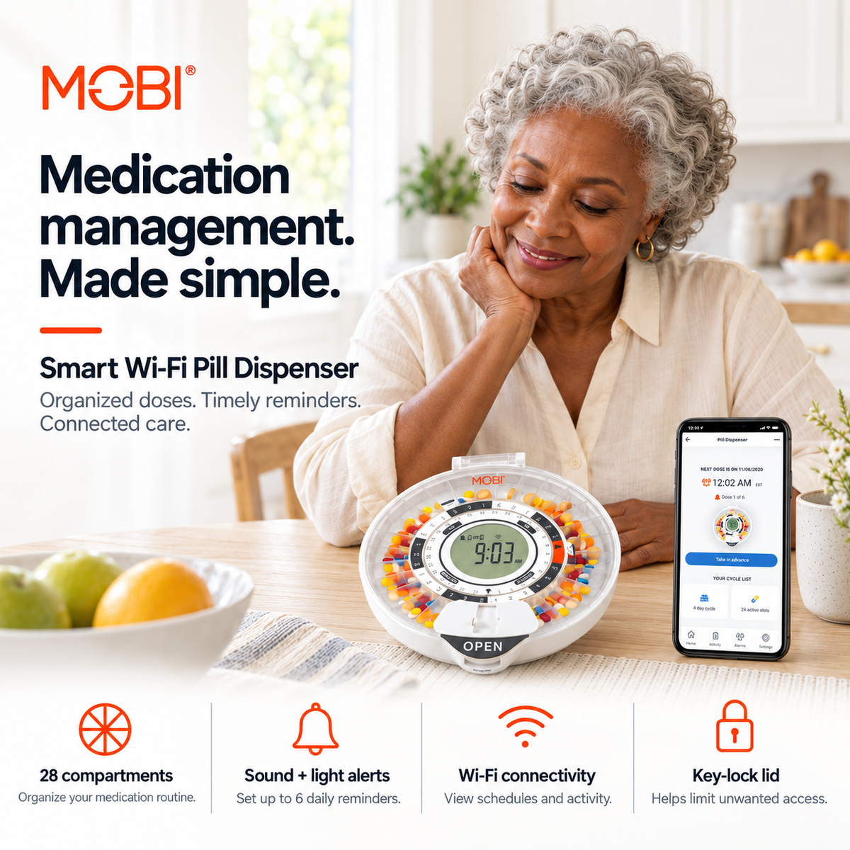 MOBI Smart Dual Band Wi-Fi Pill/Medication Dispenser With 28 Day Capacity