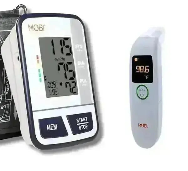 MOBI Upper Arm Blood Pressure Monitor with large LCD display, pulse and arrhythmia detection for accurate health monitoring at home.
MOBI DualScan FeverTrack Thermometer with fast results, medication tracking, and temperature indicator for effective fever management.