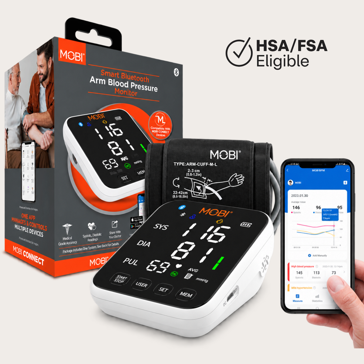 MOBI Smart Bluetooth Arm Blood Pressure Monitor