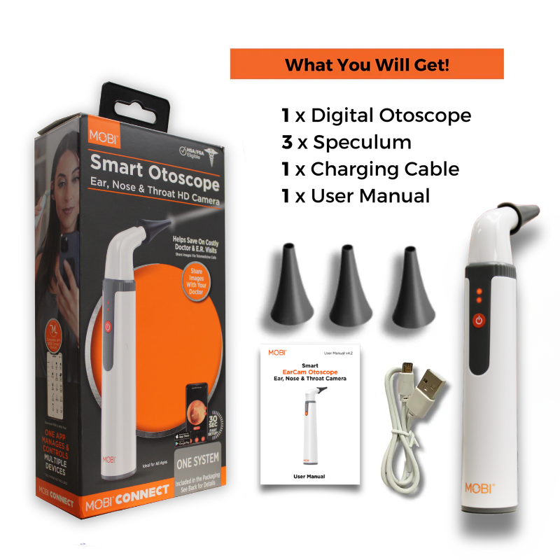 MOBI CONNECT Wi-Fi Otoscope for Ears, Nose & Throat - 1080P HD Lens, Multi-Axis Gyroscope, 6 LED Lights, 90+ Min Use, 3 Ear Speculum