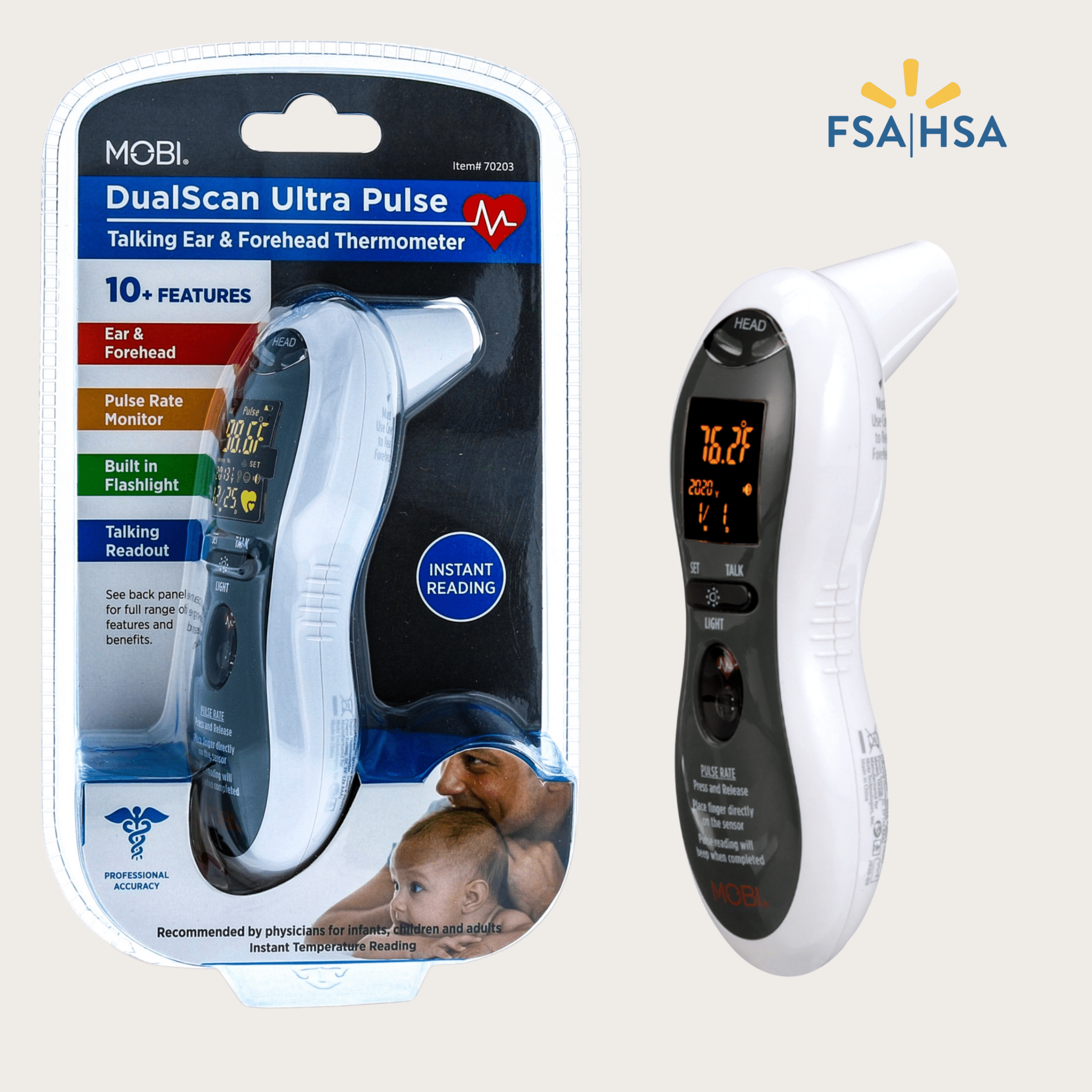 DualScan Ultra Pulse Talking Ear & Forehead Thermometer with 10+ Features - MOBI USA