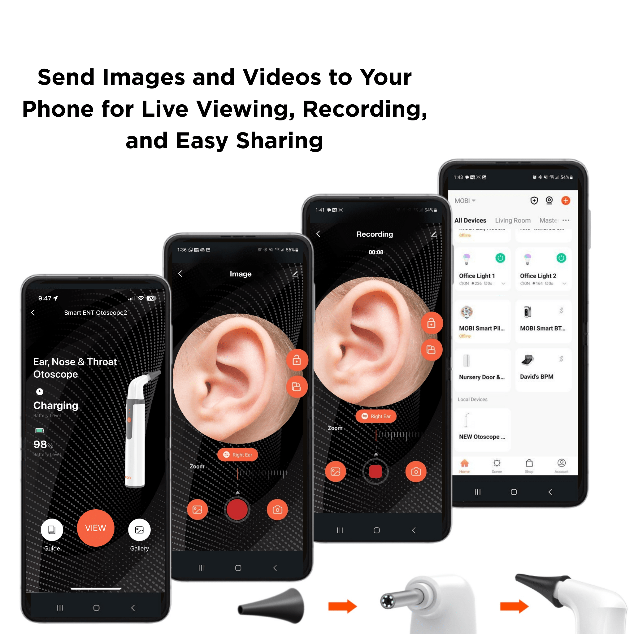 MOBI Ear, Nose & Throat Smart Otoscope Jr. HD Camera - 1080P HD Lens, Multi - Axis Gyroscope, 6 LED Lights, 90+ Min Use, - MOBI USA