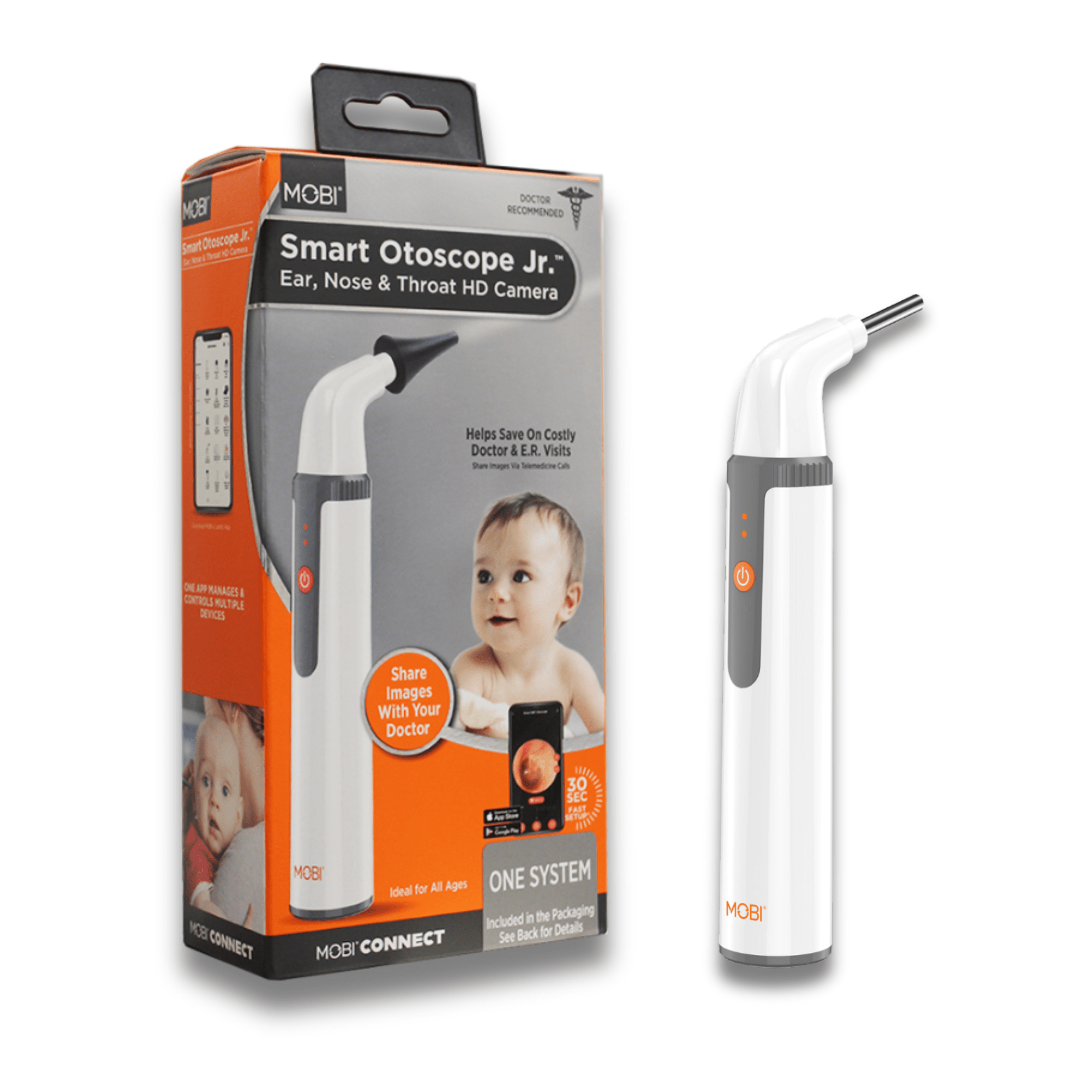 MOBI Ear, Nose & Throat Smart Otoscope Jr. HD Camera - 1080P HD Lens, Multi - Axis Gyroscope, 6 LED Lights, 90+ Min Use, - MOBI USA