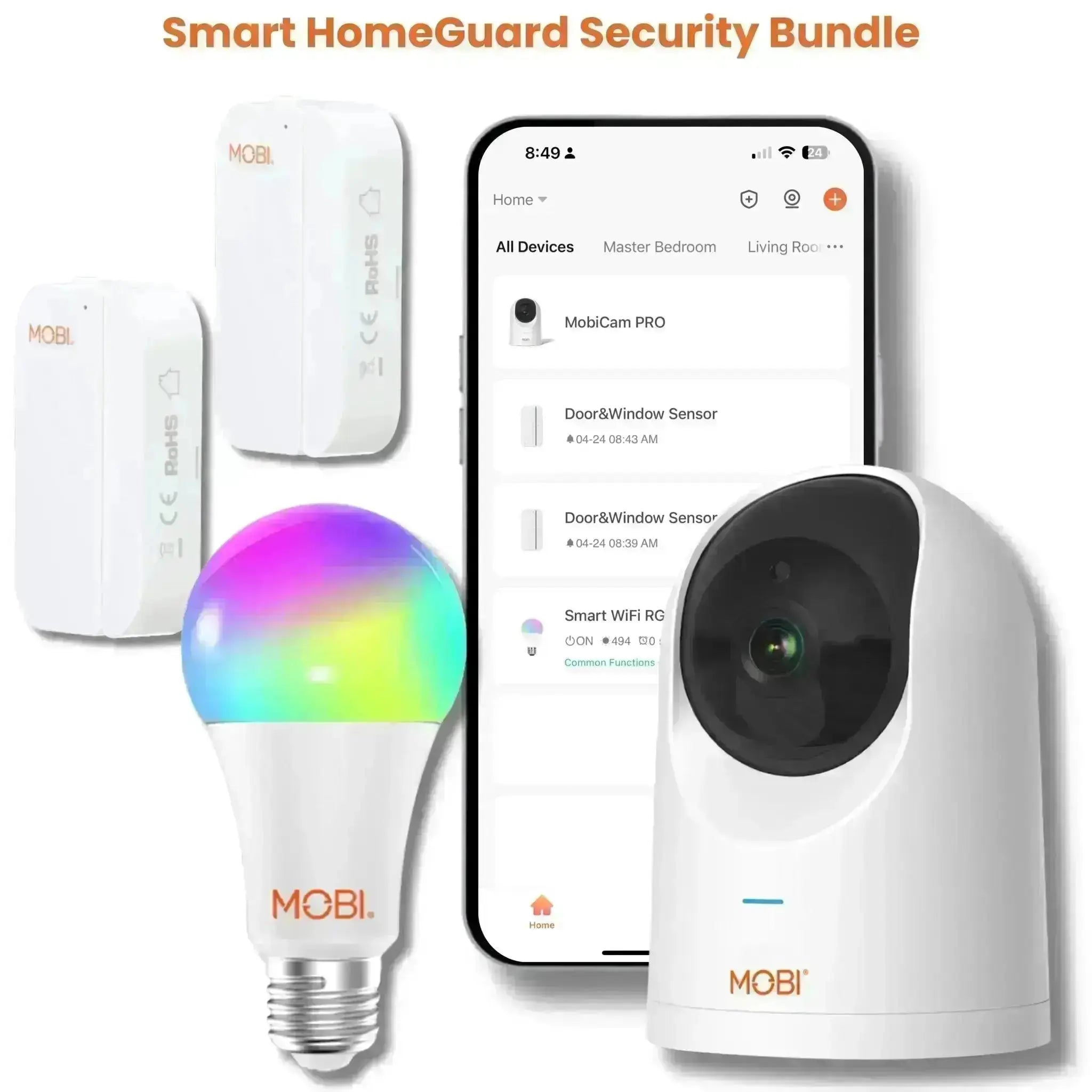 MOBI Smart HomeGuard Security Bundle: 1x Camera, 2 x Door/Window Sensor, and 1 x LED Bulb - Expandable by Adding Additional Monitoring Devices - MOBI USA