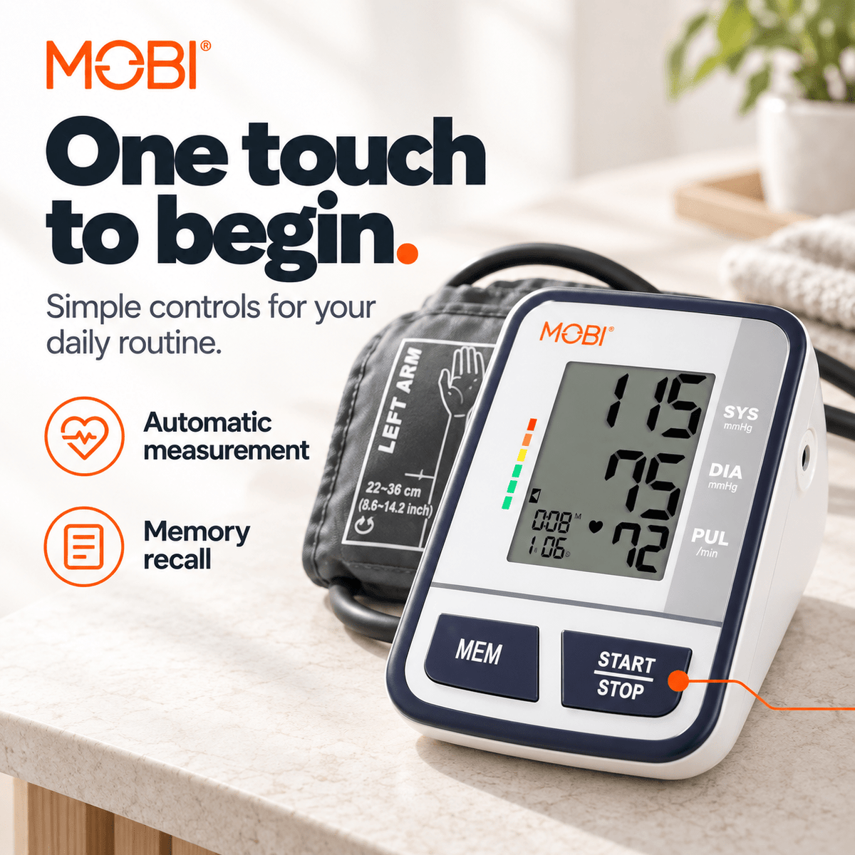 MOBI Upper Arm Blood Pressure Monitor with Memory Recall - MOBI USA