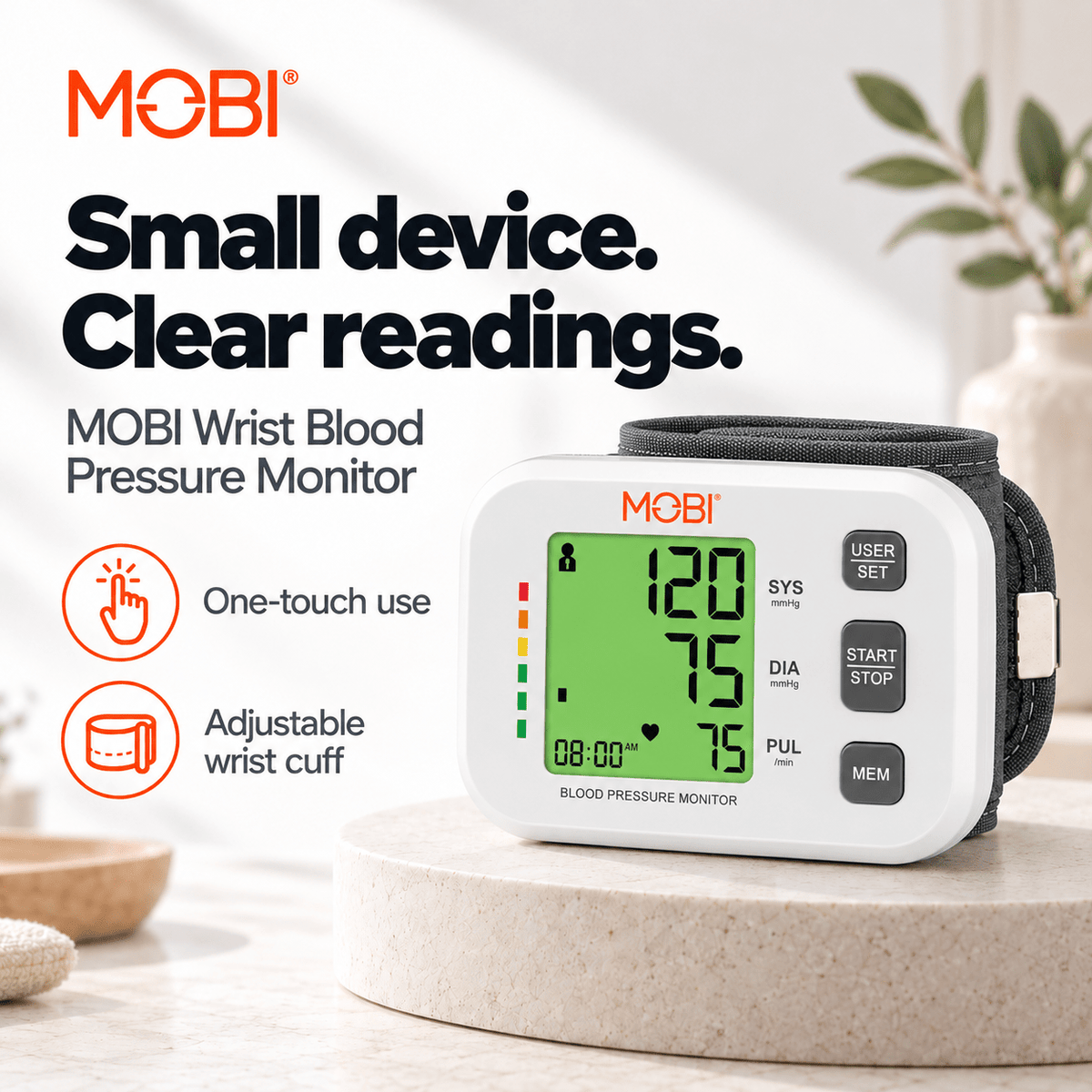 MOBI Wrist Blood Pressure Monitor with Large LCD & Auto Memory - MOBI USA