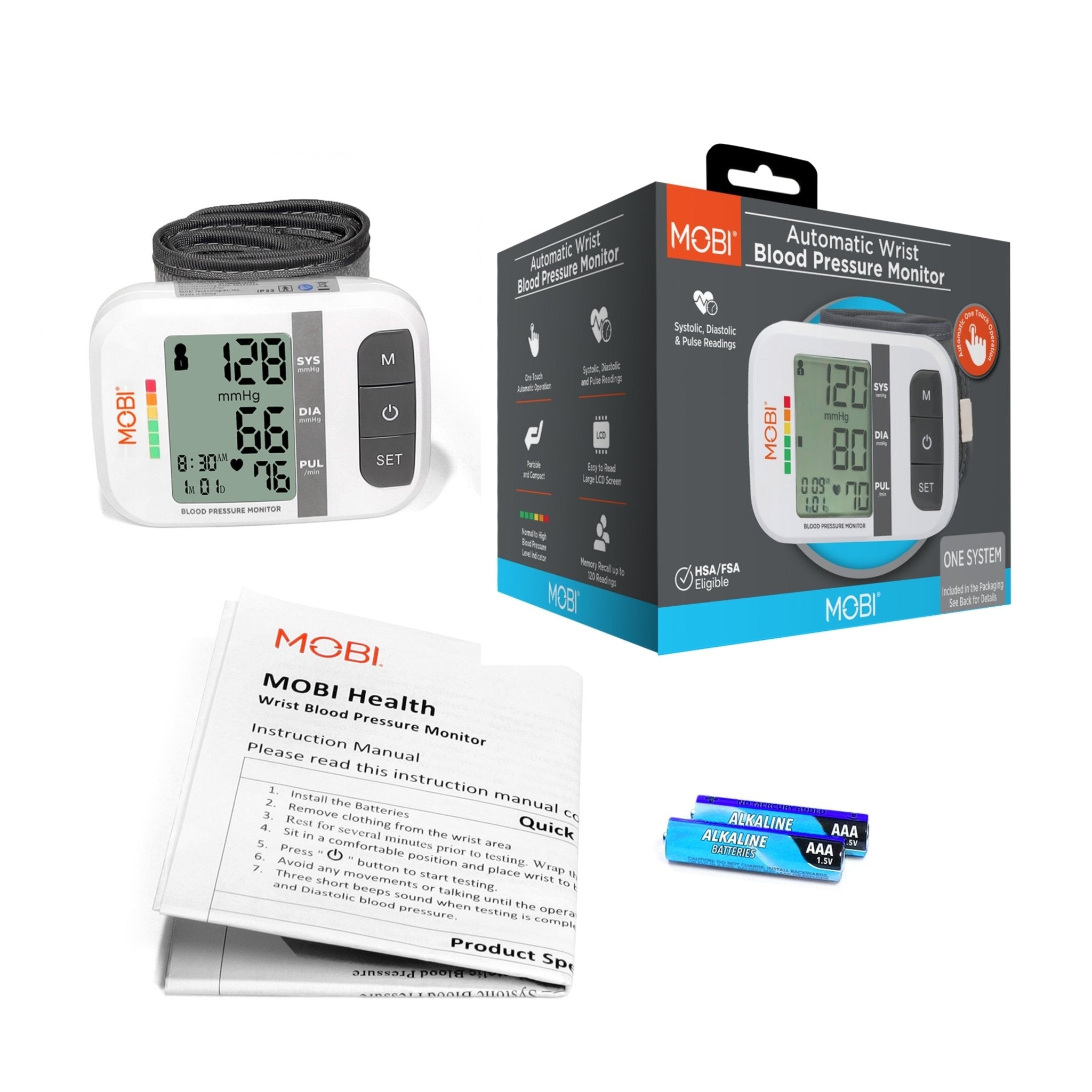 Wrist Blood Pressure Monitor Bp Monitor Large LCD Display Blood Pressure Machine Adjustable Wrist Cuff 5.4 - 7.7 - Inch Automatic 120x2 Sets Memory - MOBI USA