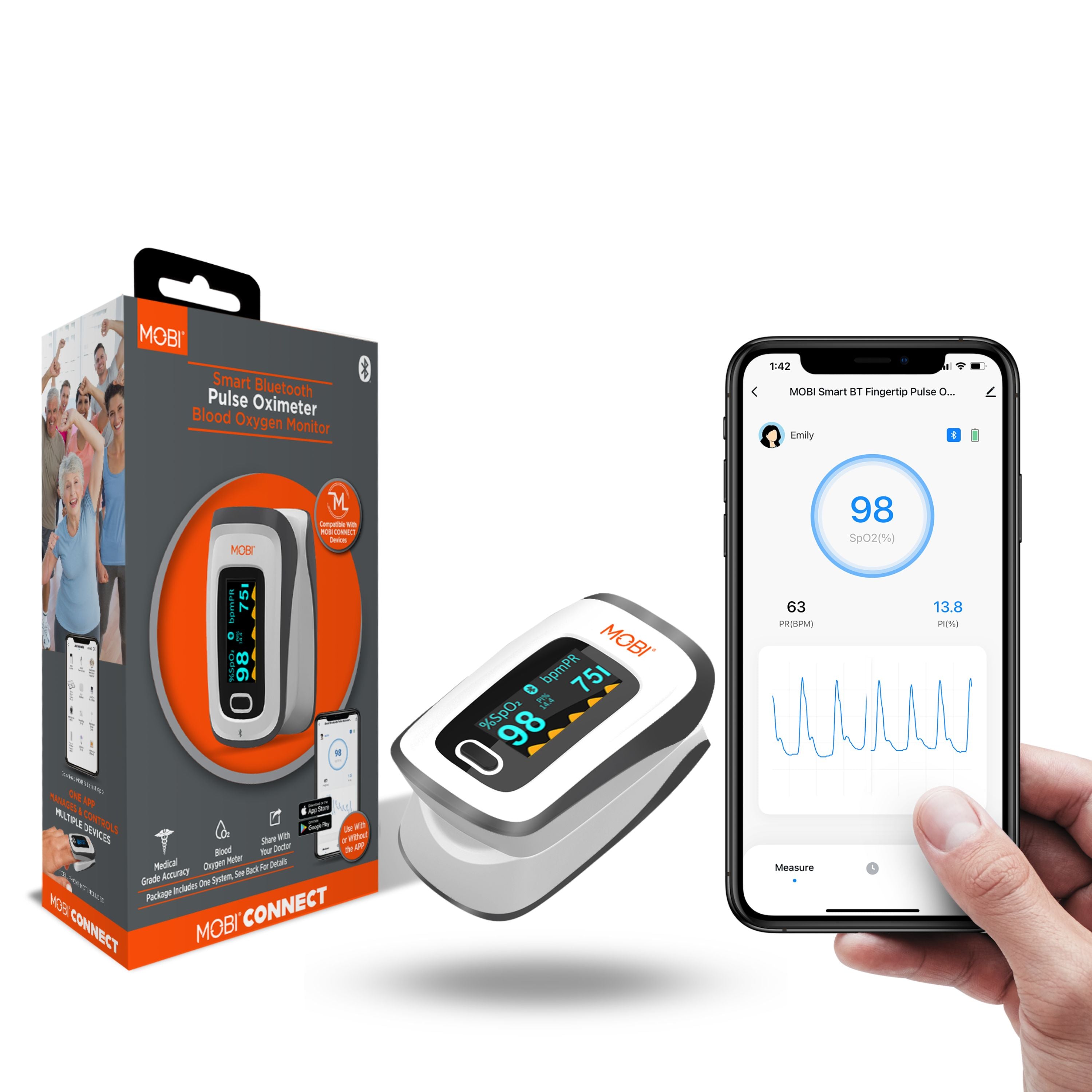 Smart Fingertip Bluetooth Pulse Oximeter With Pulse Rate Readings MOBI Technologies Inc.