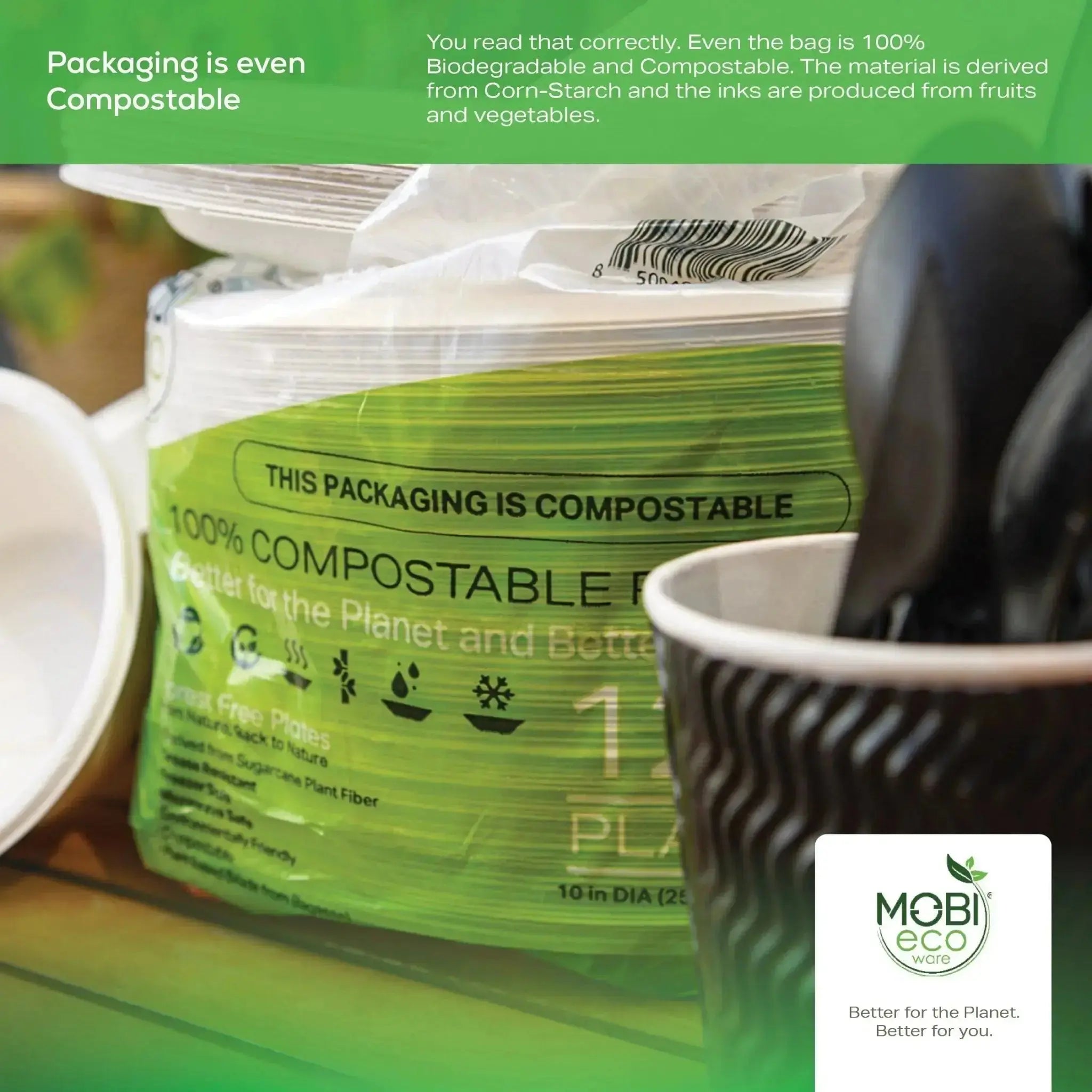 100% Compostable Plates, 10 inch Biodegradable Disposable Paper Plates Bulk for Birthday, Outdoor, Party, Camping, BBQ Eco Friendly 10" Plates by MOBI Ecoware, 125-pack - MOBI USA