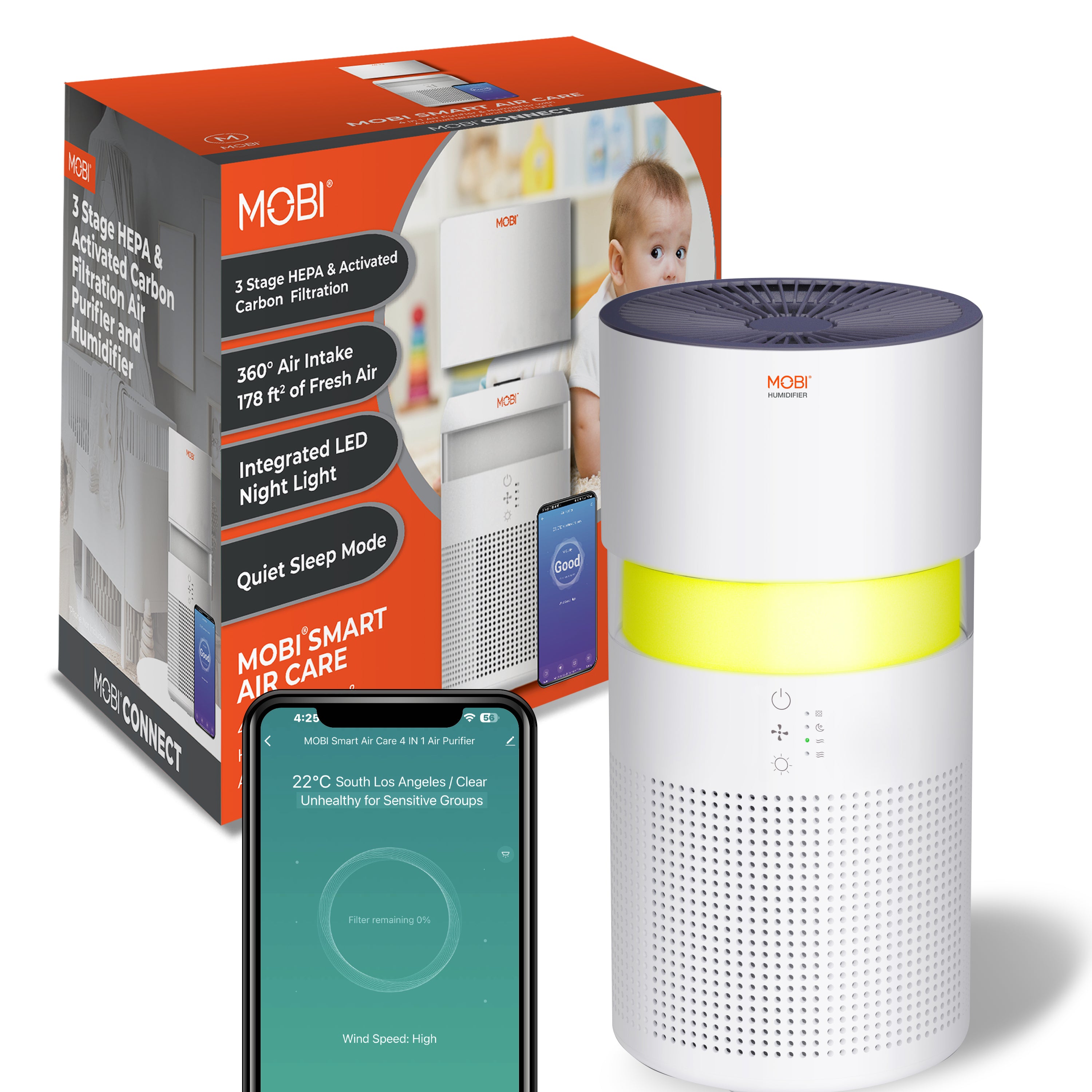 MOBI Smart 4-in-1 Air Purifier & Humidifier with HEPA, Aromatherapy & Nightlight