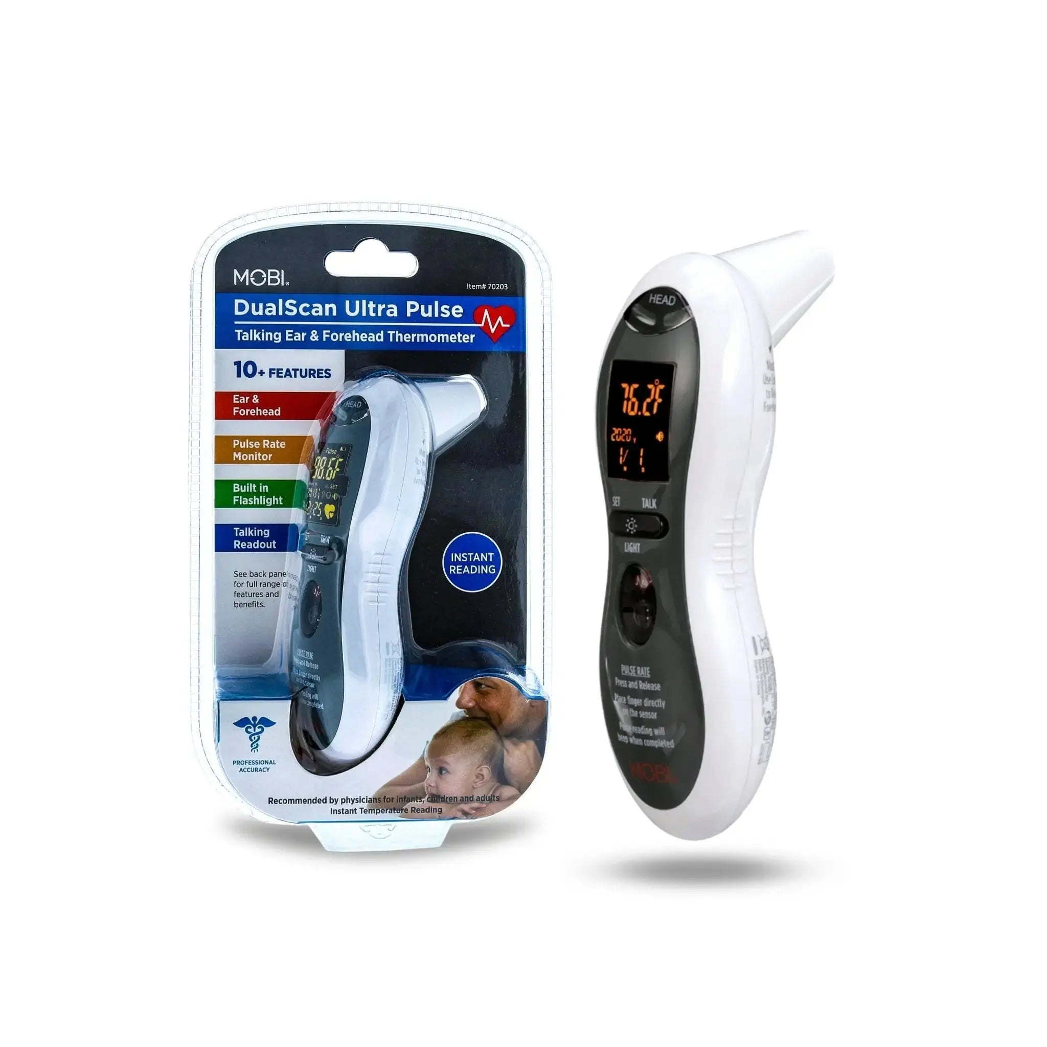 DualScan Ultra Pulse Talking Ear & Forehead Thermometer with 10+ Features - MOBI USA