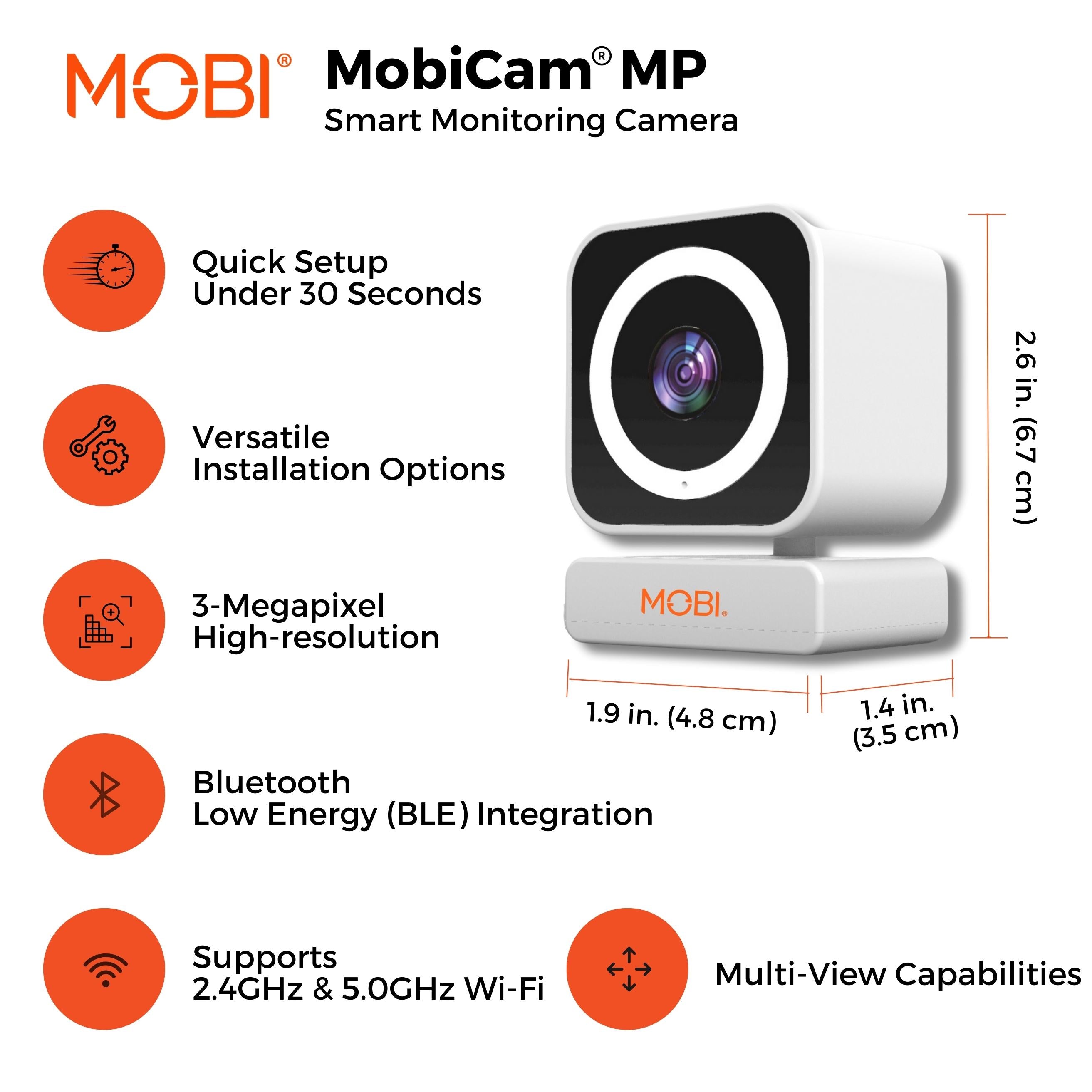 MobiCam MP Smart 3MP Camera with 2-Way Audio, Quick 30-Second Setup, Dual-Band Wi-Fi network (2.4 & 5.0 GHz), and BLE Connectivity