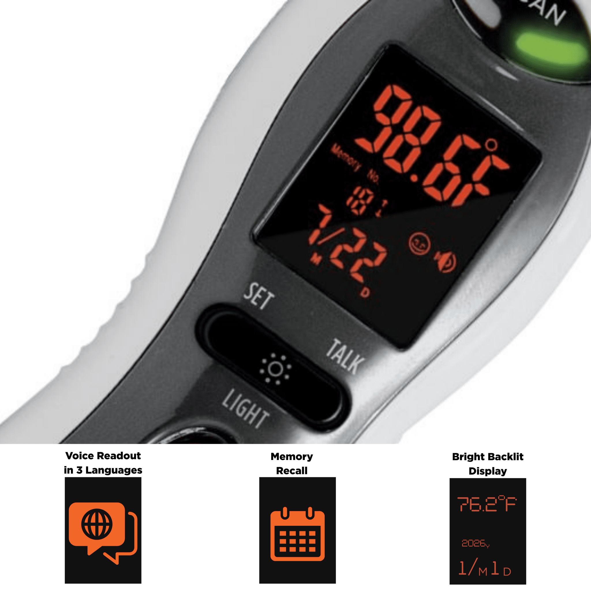 DualScan Ultra Pulse Talking Ear & Forehead Thermometer with 10+ Features - MOBI USA