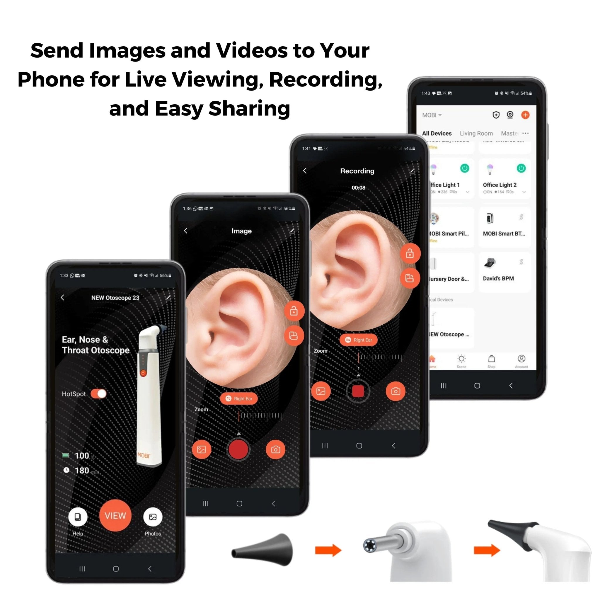 MOBI Ear, Nose & Throat Smart Otoscope Jr. HD Camera - 1080P HD Lens, Multi - Axis Gyroscope, 6 LED Lights, 90+ Min Use, - MOBI USA