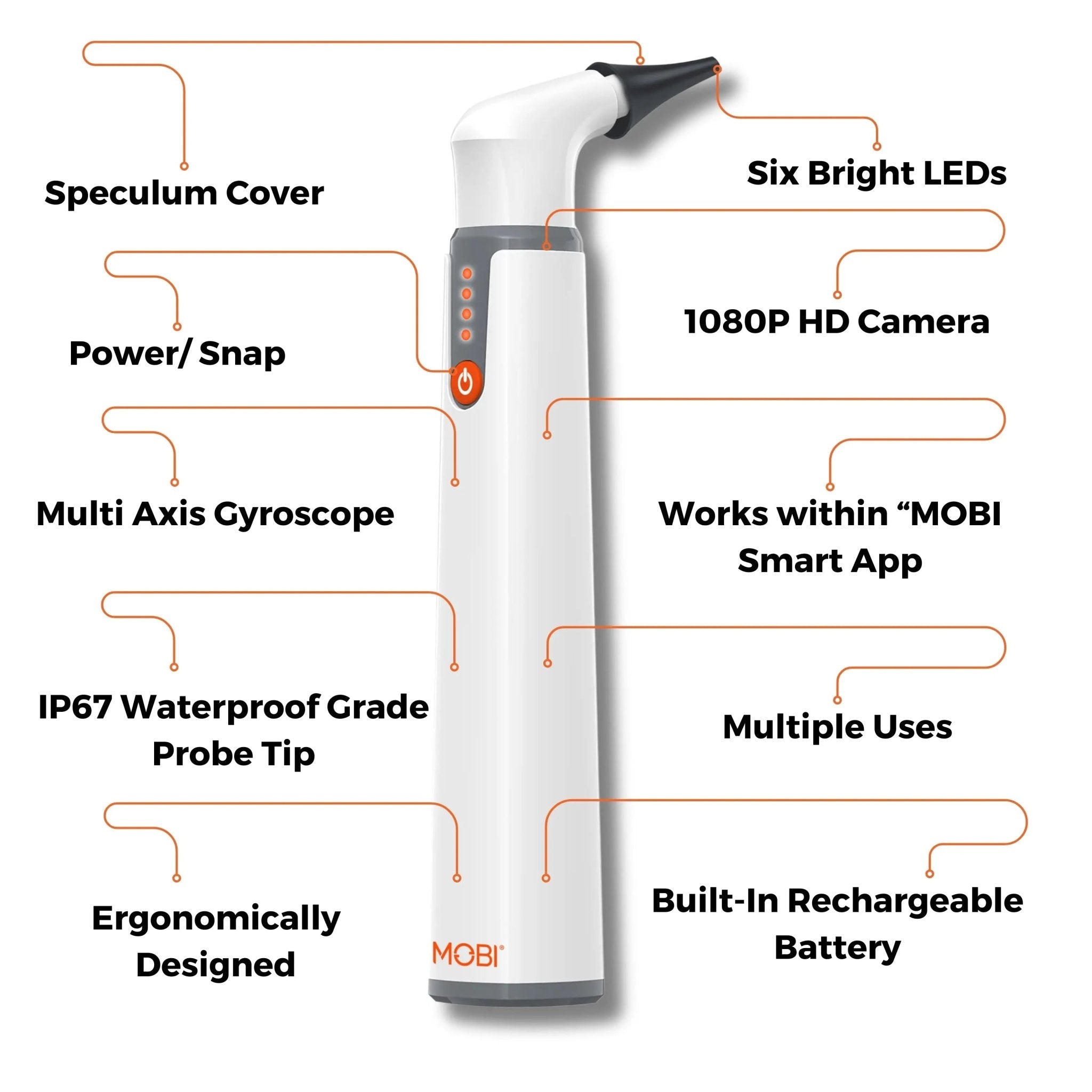 MOBI Ear, Nose & Throat Smart Otoscope Jr. HD Camera - 1080P HD Lens, Multi - Axis Gyroscope, 6 LED Lights, 90+ Min Use, - MOBI USA