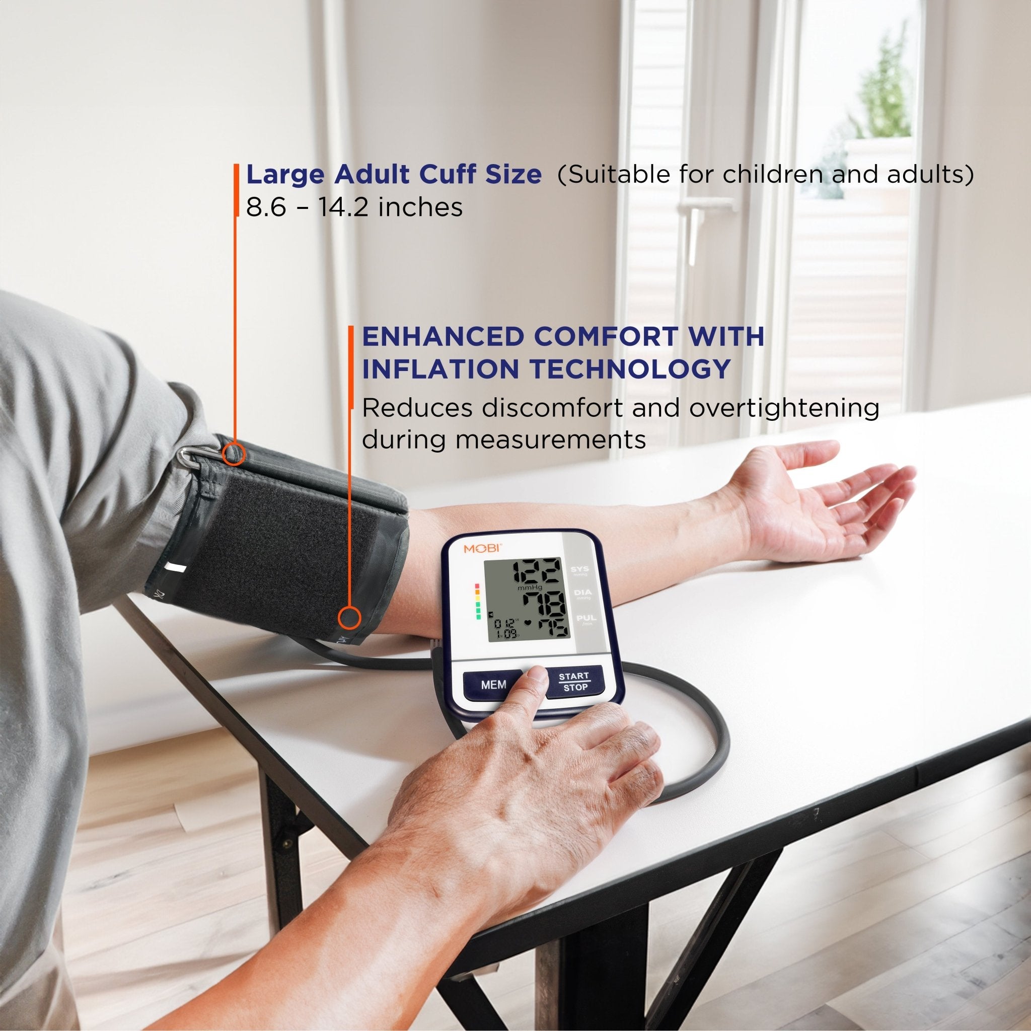 MOBI Upper Arm Blood Pressure Monitor with irregular heartbeat detection, large LCD display, and memory recall for up to 120 previous readings. Ideal for monitoring heart health.