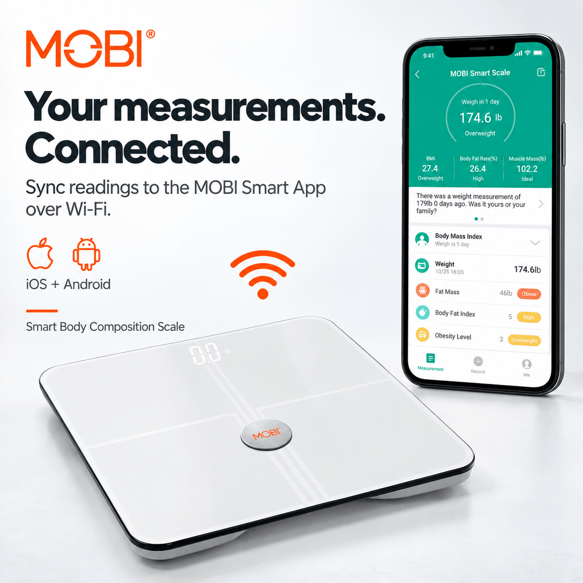 MOBI Smart Wi-Fi Scale BMI Total Body Composition 18 Total Body Measurements - MOBI USA