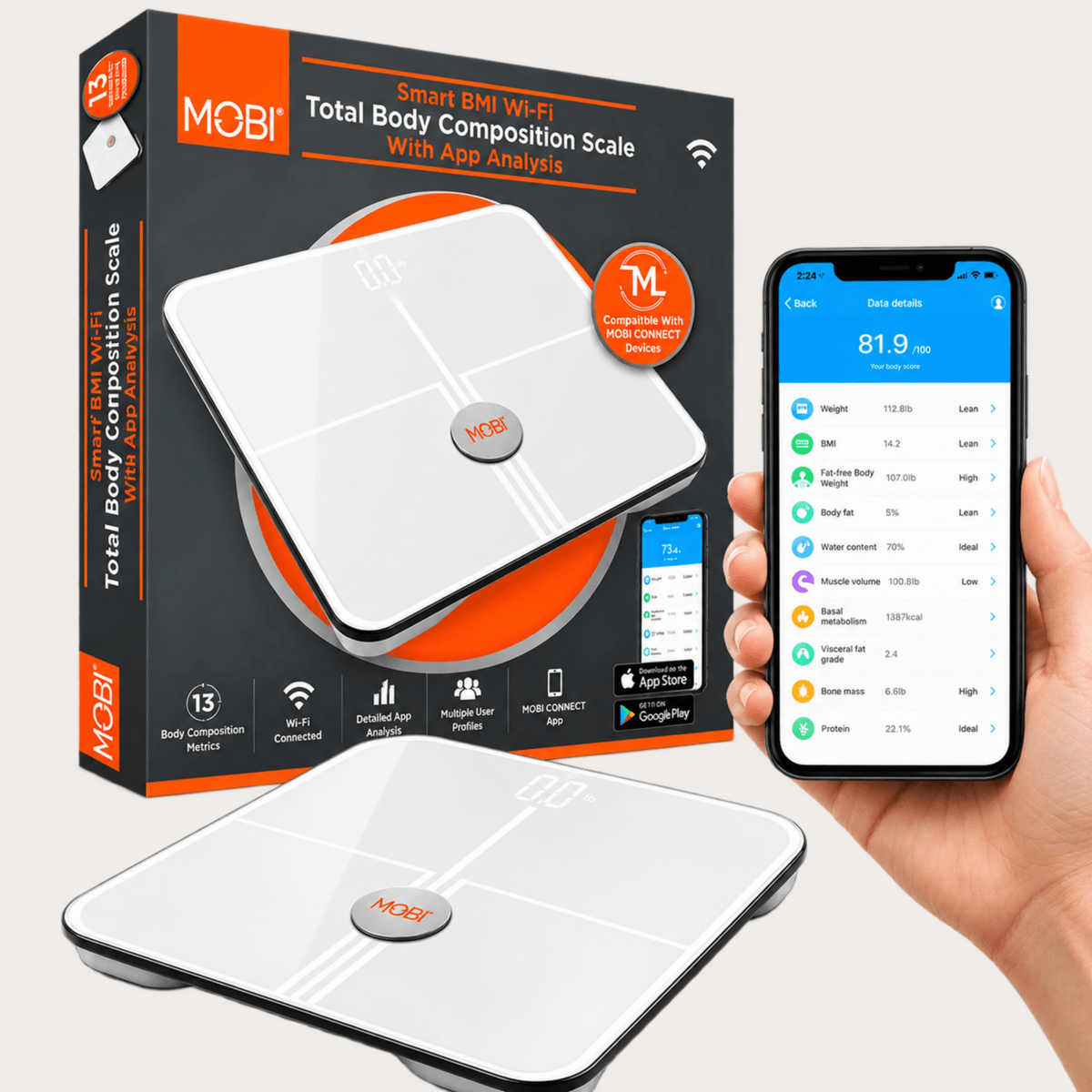MOBI Smart Wi-Fi Scale BMI Total Body Composition 18 Total Body Measurements - MOBI USA