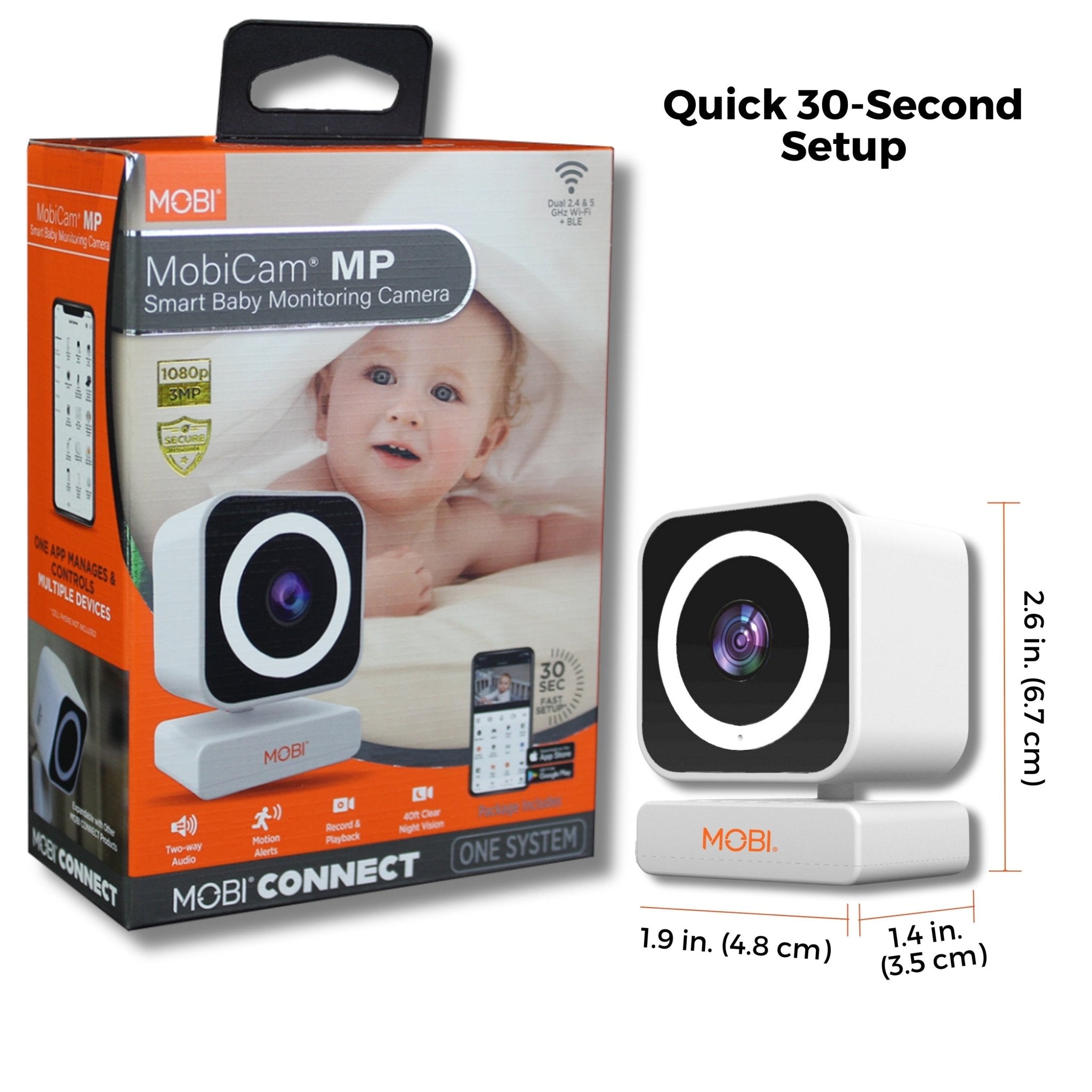 MobiCam Baby & Home Monitor Camera, MobiCam MP Pet Camera, AI Motion Detection, 3 Megapixel, 2 - Way Audio, Night Vision, Dual - Band Wi - Fi (2.4/5GHz), BLE Connectivity, Fast 30 - Second Setup - MOBI USA