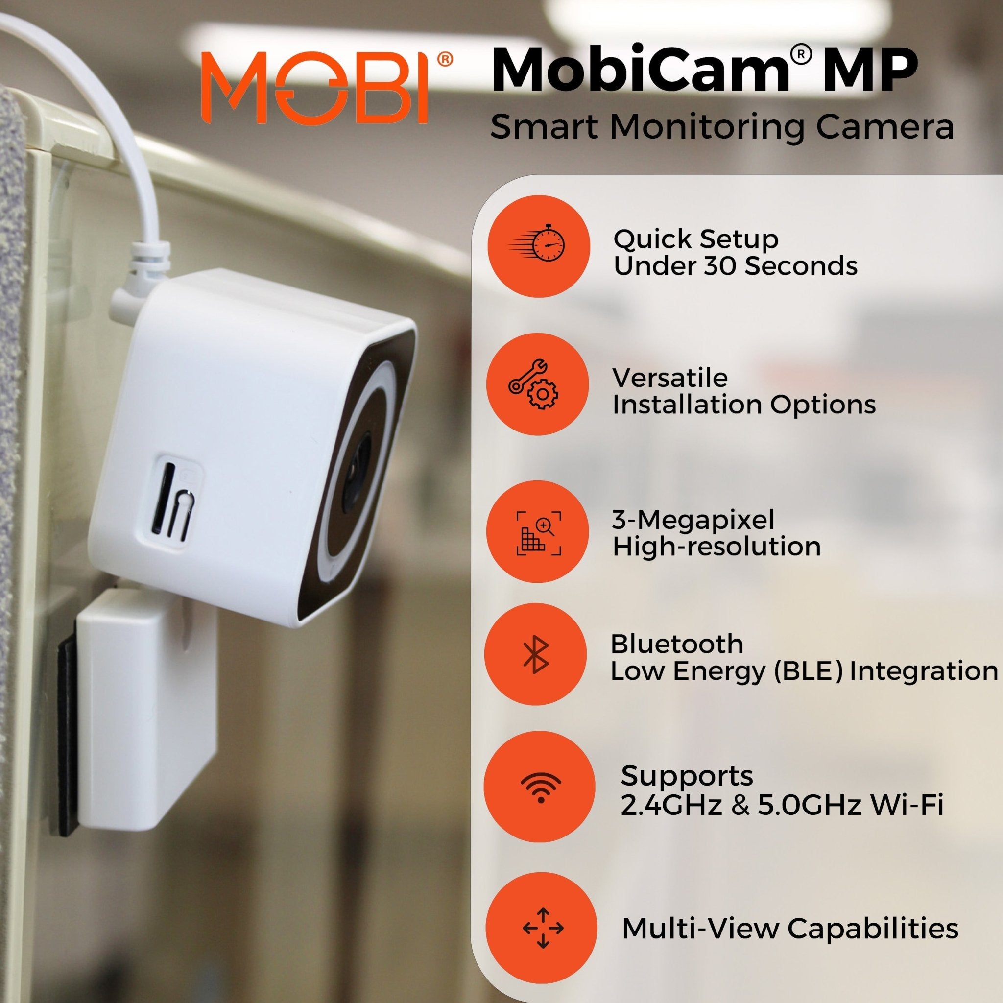 MobiCam MP Smart 3MP Camera with 2 - Way Audio, Quick 30 - Second Setup, Dual - Band Wi - Fi network (2.4 & 5.0 GHz), and BLE Connectivity - MOBI USA