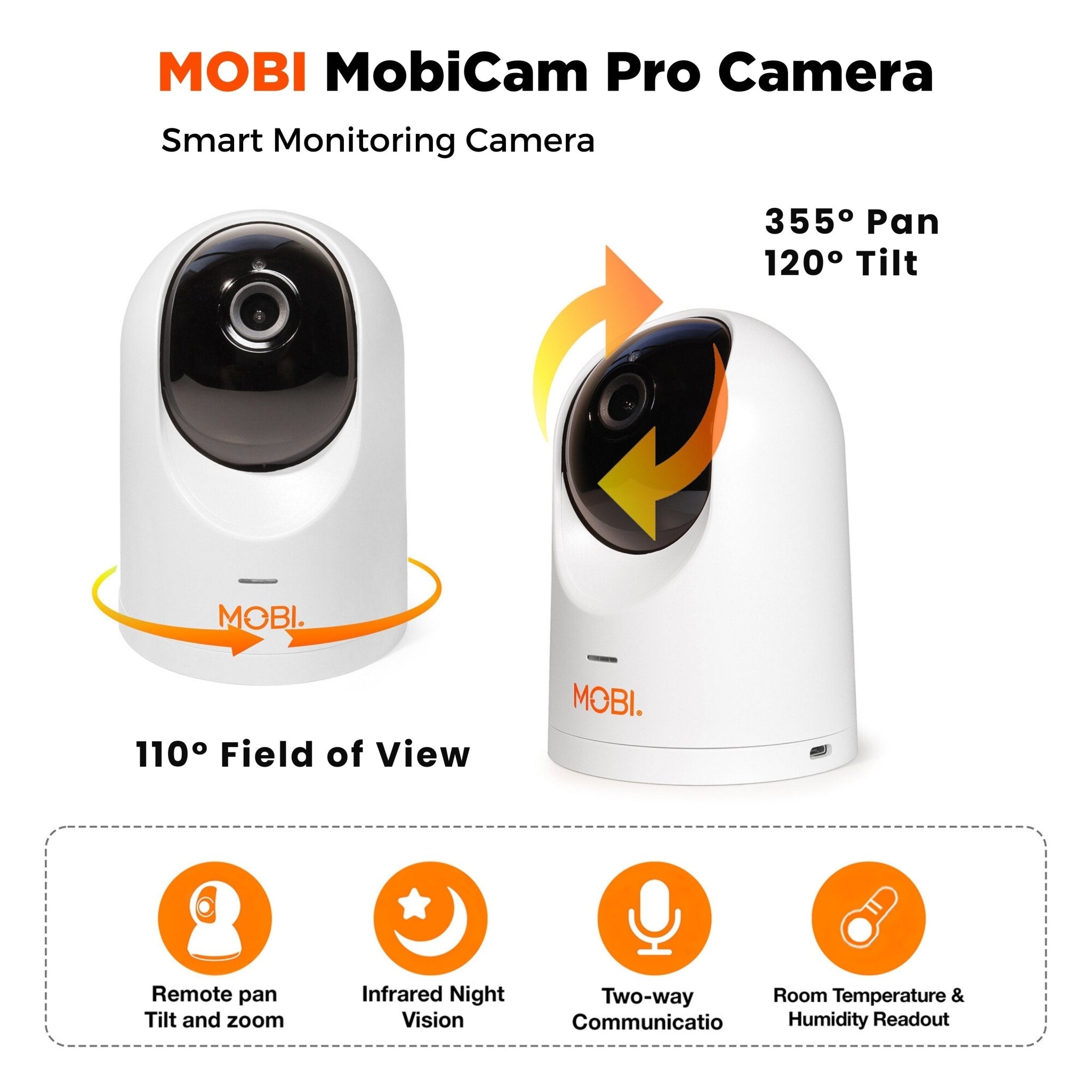 MobiCam PRO Intelligent Home Monitoring Camera: Full HD, Pan & Tilt, Color Night Vision, Motion Tracking, Temp & Humidity Readings. Supports Cloud & SD Storage, Smart App Compatible - MOBI USA